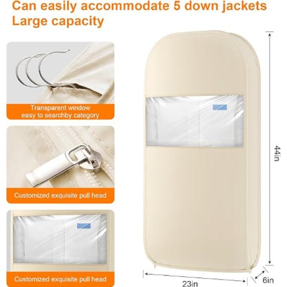 Space Saving Hanging Garment Bag with Self Compression Zipper, Beige - Picture 2 of 3
